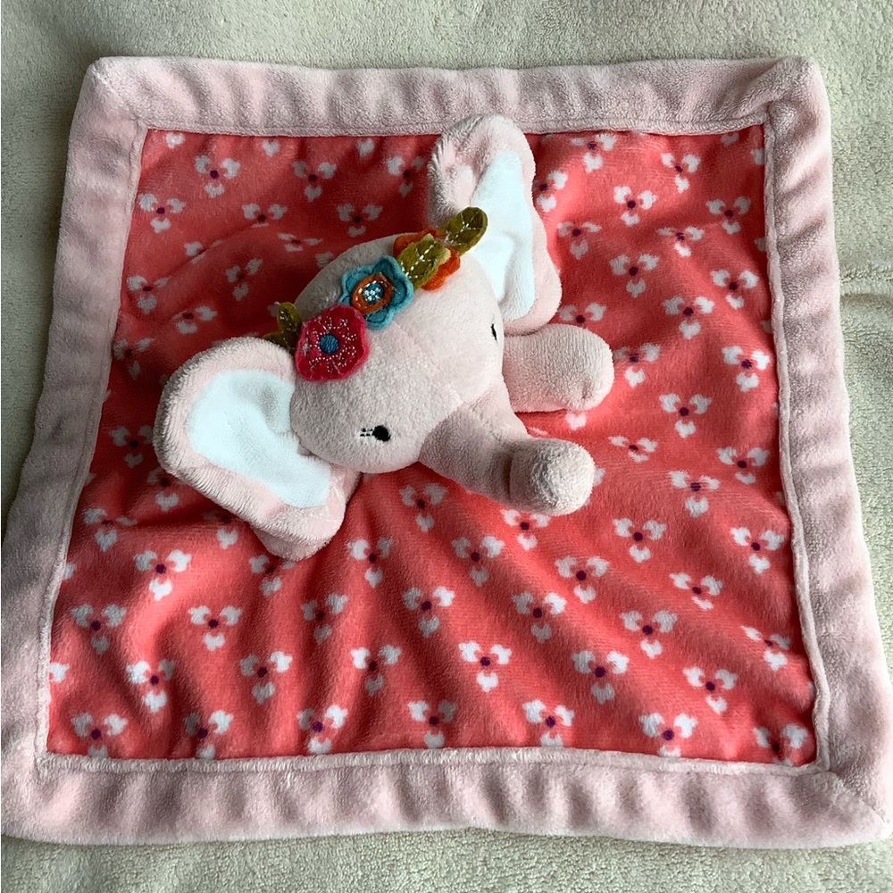 LEVTEX Baby Pink Plush Elephant Lovey w Flowers Travel Security Blanket Toy